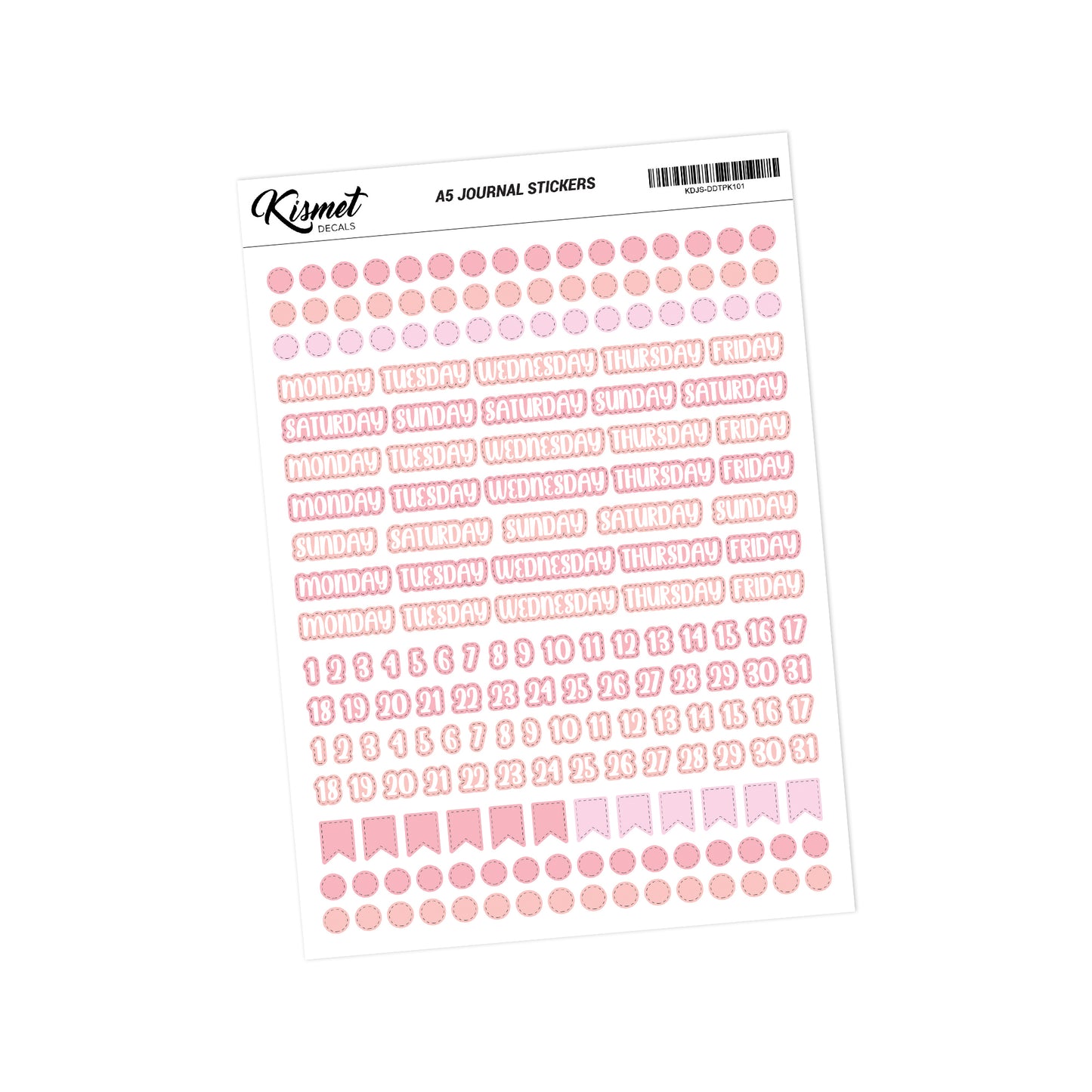 A5 Days Dots and Number Stickers - 5.3" X 8.3" - Craft Journal Snail Mail Planner Journal Diary Paper Sticker Sheet