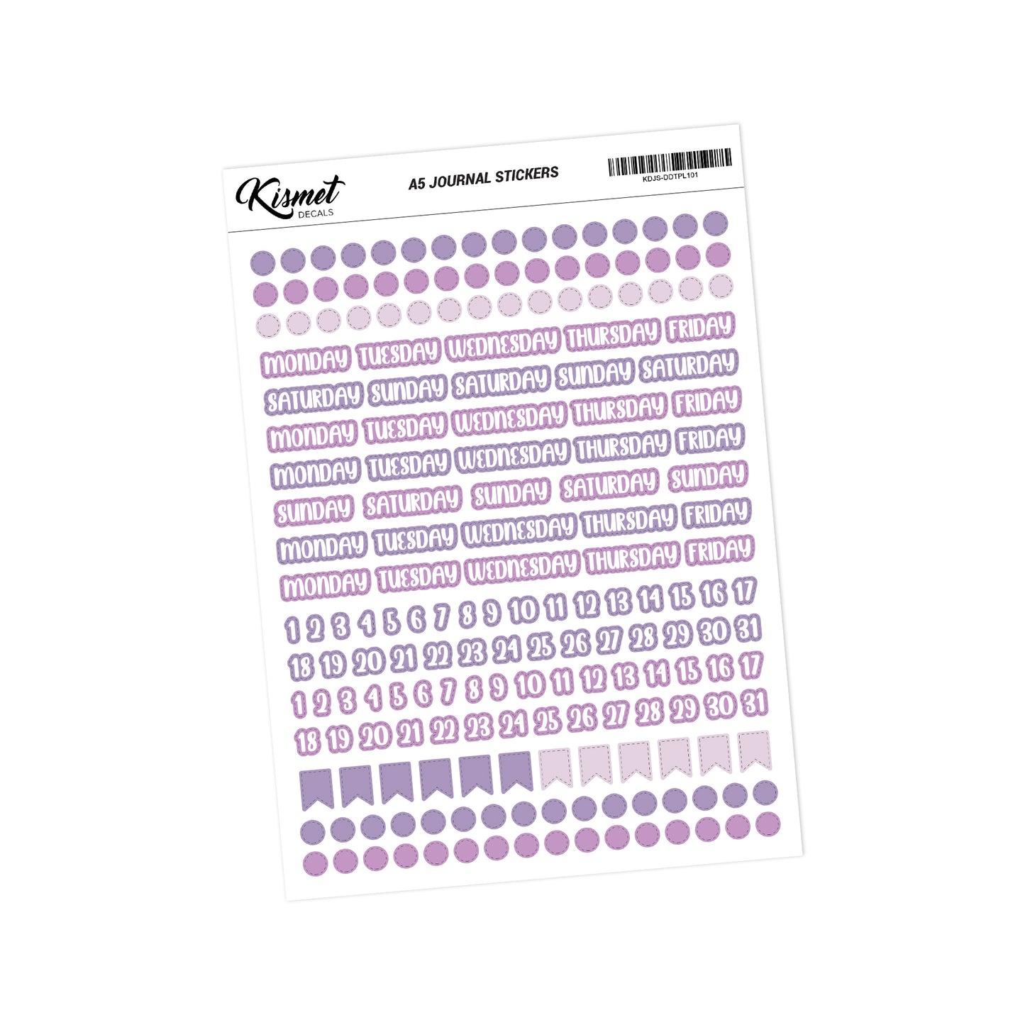 A5 Days Dots and Number Stickers - 5.3" X 8.3" - Craft Journal Snail Mail Planner Journal Diary Paper Sticker Sheet